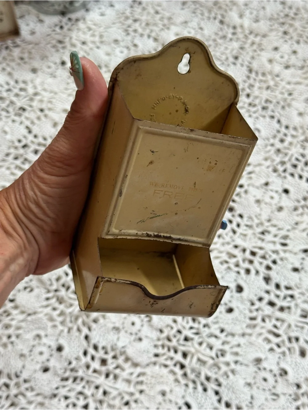 Vintage 1937 Advertising Metal Match Holder Wall Mount Primitive Decor